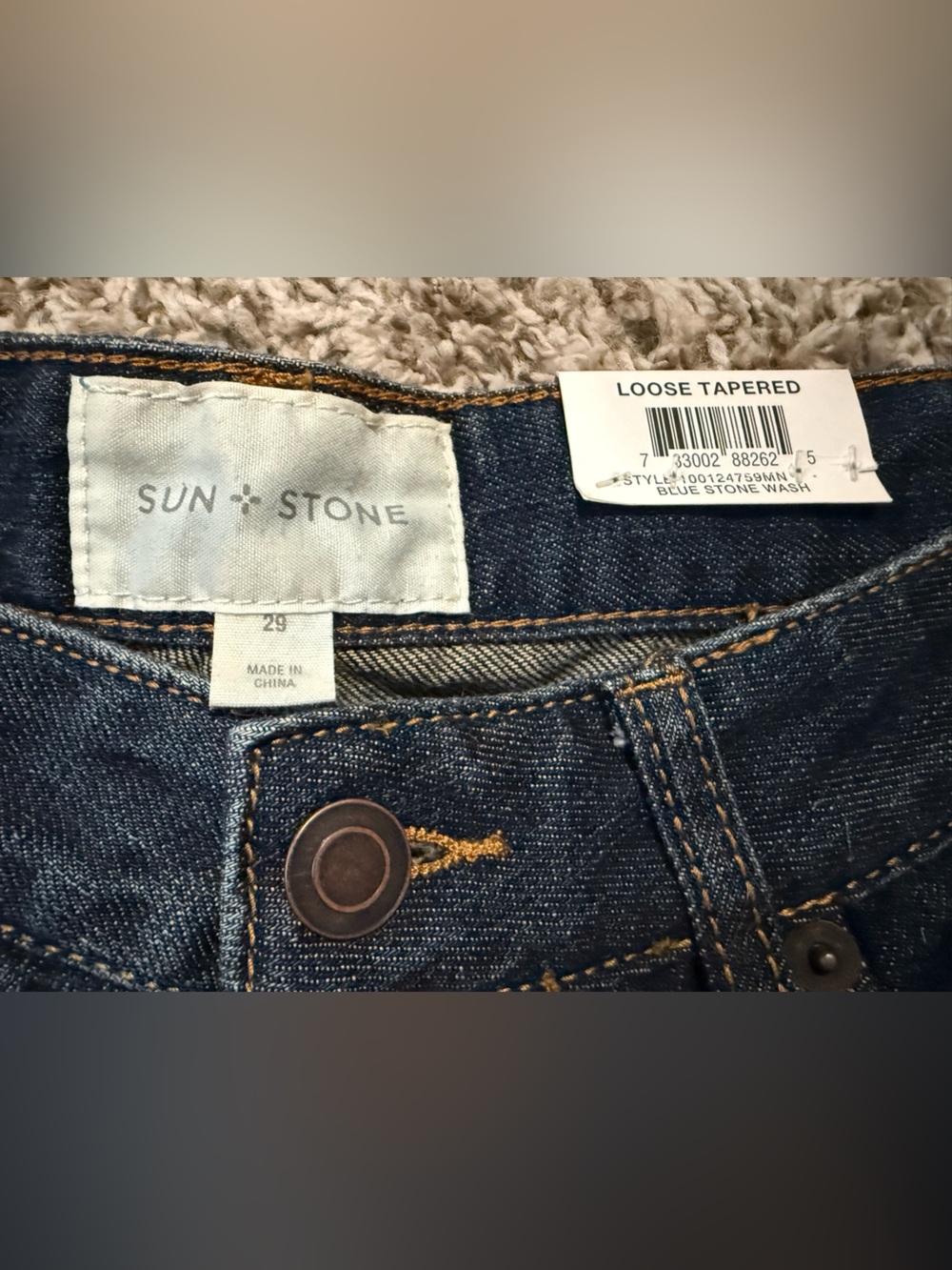 Sun + Stone Unisex Dark Blue Patch Pocket Loose Tapered Jeans - Picture 3 of 4